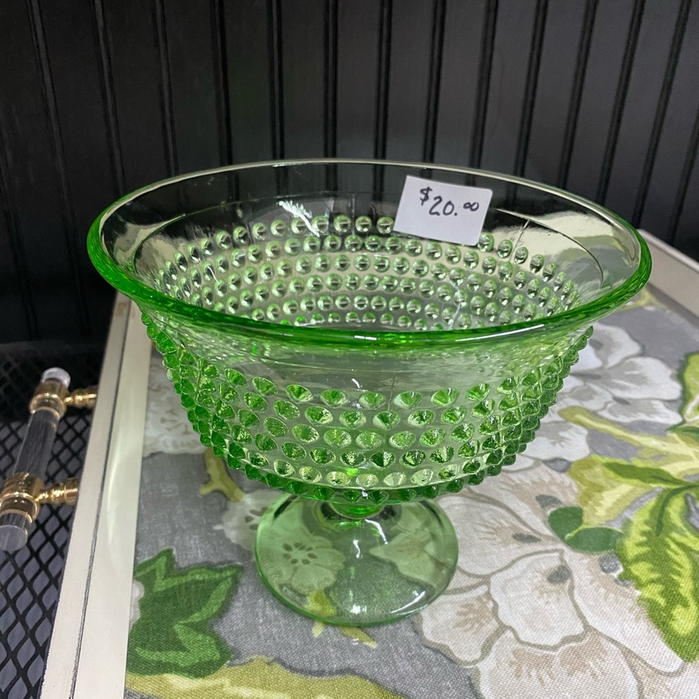 Green Hobnail Glass Footed Candy Dish